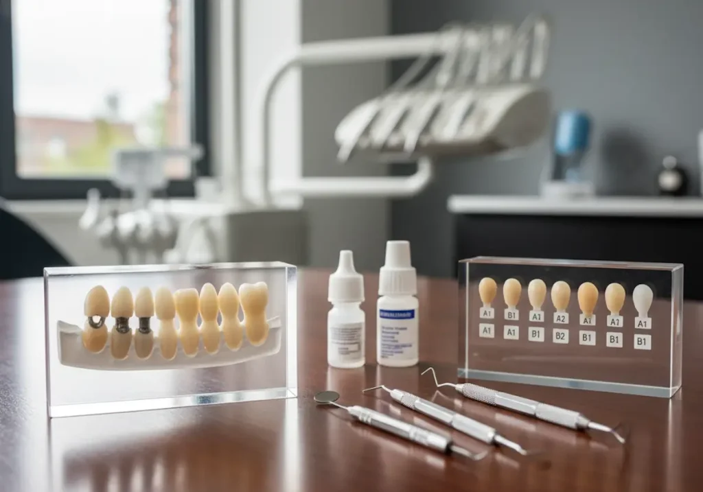 Composite filling materials are displayed on the table