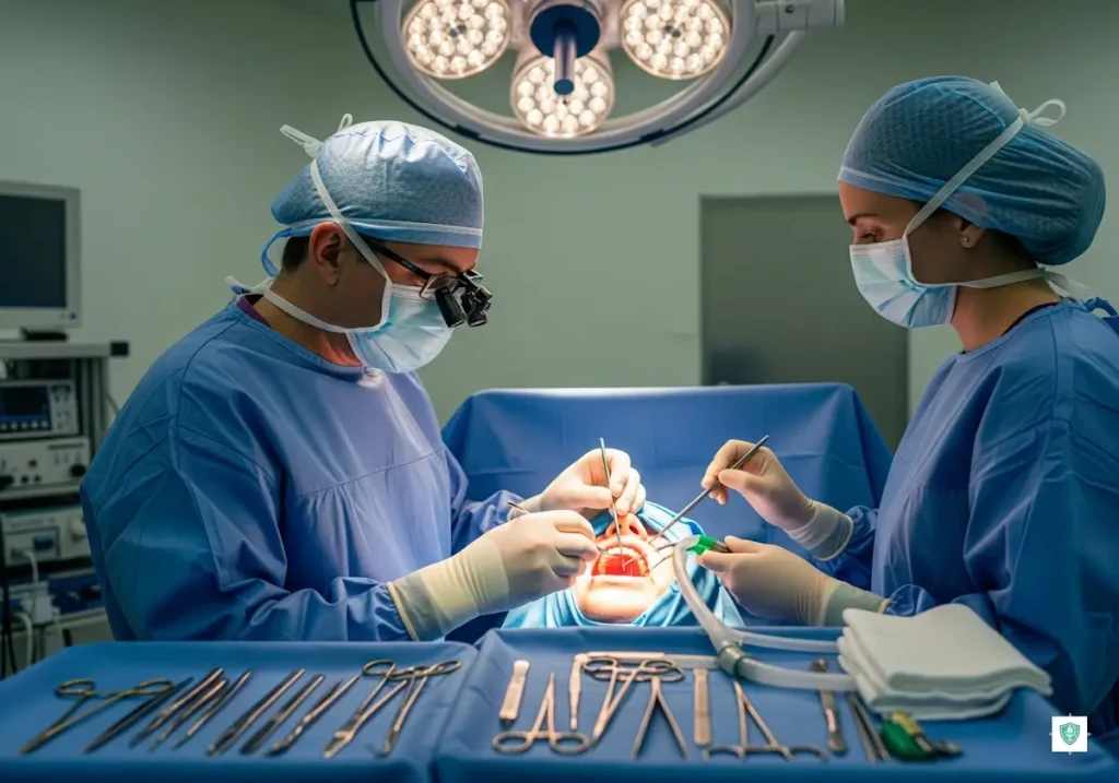 Bir Diş hekimi ve asistanı çene cerrahisi operasyonu gerçekleştiriyor.