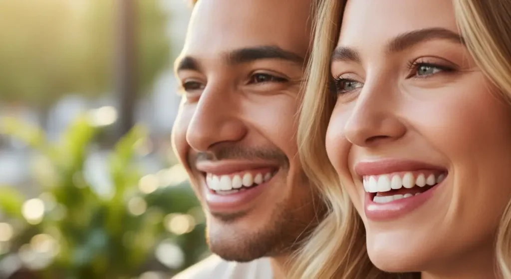 kompozit estetik dolgu uygulanmış genç çift gülerek dişlerini gösteriyor