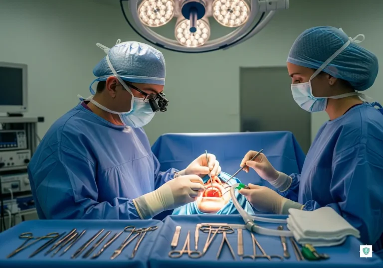 Bir Diş hekimi ve asistanı çene cerrahisi operasyonu gerçekleştiriyor.