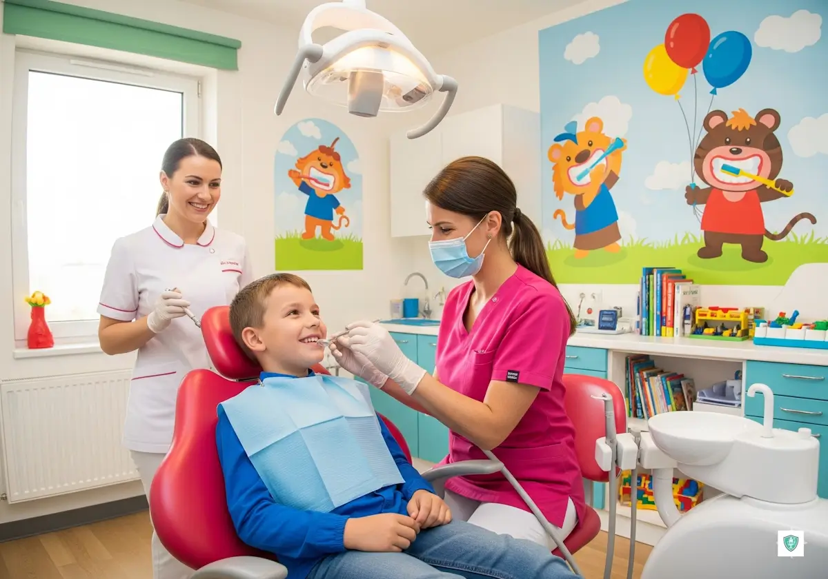 Diş hekimi, çocuk hastasını tedavi ediyor.