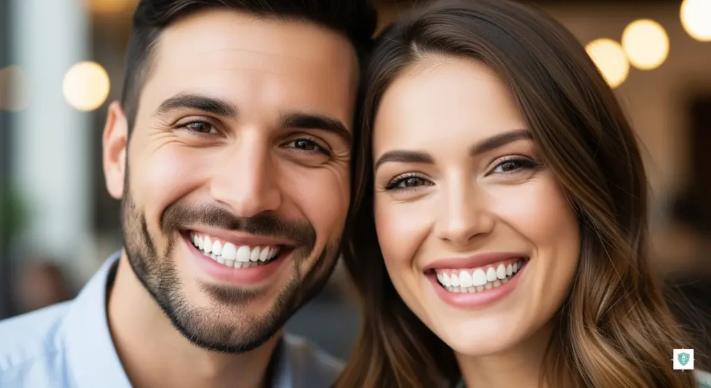 zirkonyum kaplama uygulaması yapılmış genç çift gülerek poz veriyor.