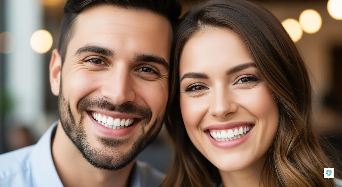 zirkonyum kaplama uygulaması yapılmış genç çift gülerek poz veriyor.